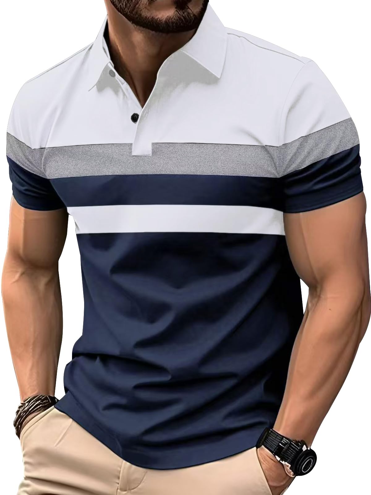 Polo Homme Manches Courtes Polos T Shirt à Rayures Poloshirt Été Casual Couleur Contrastée