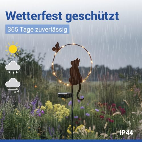 Maximex Solar LED Gartenstecker Katze mit Schmetterling, Dämmerungssensor, wetterfest, Solarlicht für Garten und Balkon, 20 x 85 x 11,2 cm, Metall