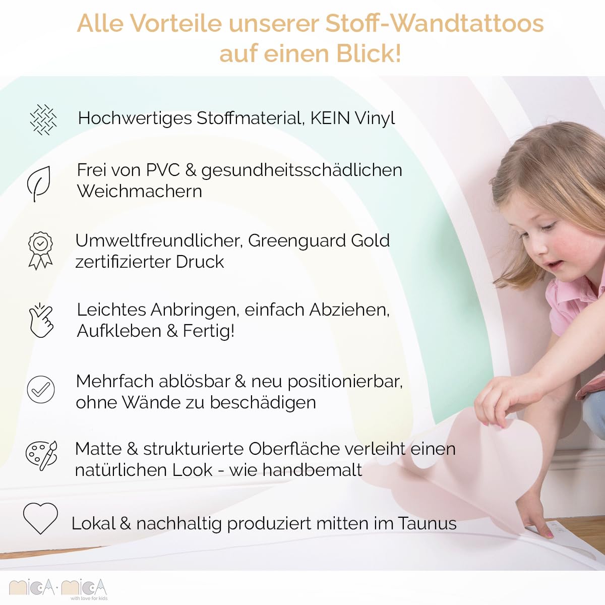 Mica-Mica Adesivo da parete per cameretta dei bambini, 50 punti, adesivo da parete in tessuto di alta qualità, 100% senza PVC, decorazione da parete sostenibile, decorazione per la cameretta dei