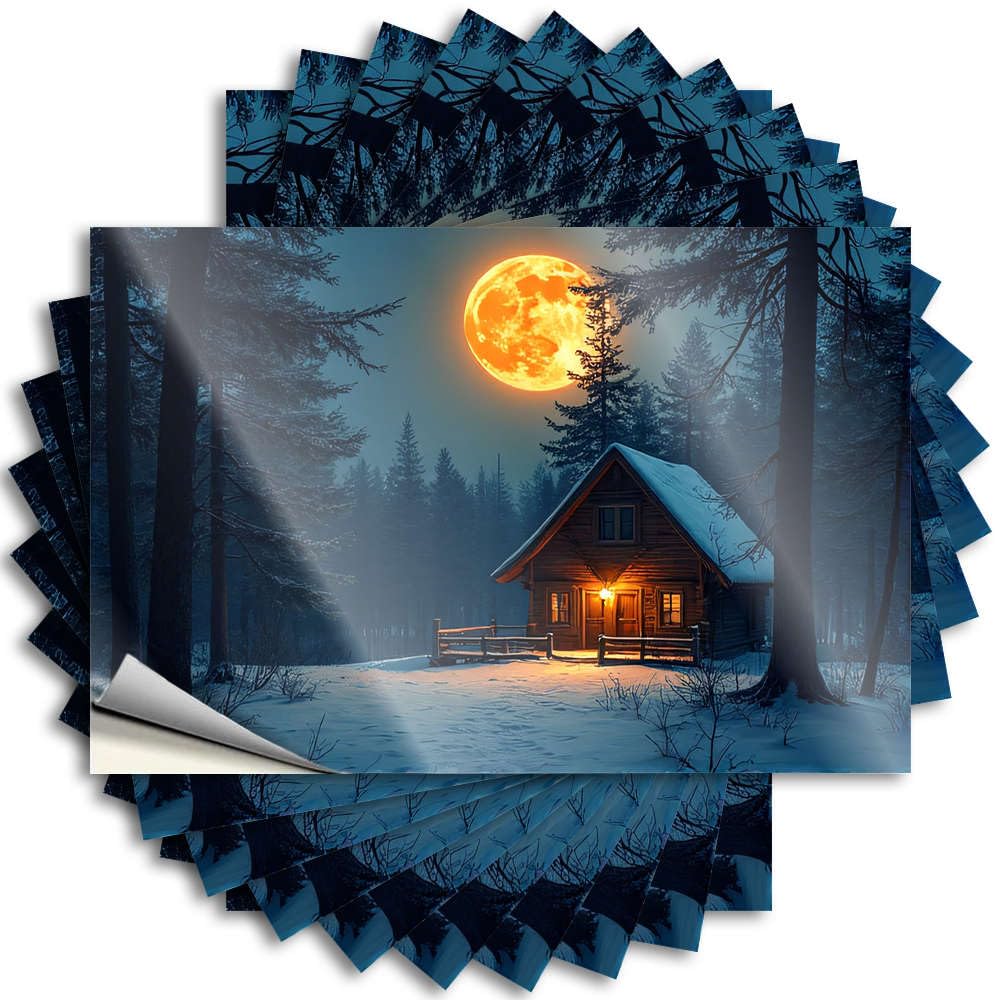 A Cozy Cabin in The Snowy Forest Under A Full Moon At Home Decor Smiley Face - Sticker Helmet Waterproof Decal(12X18CM)