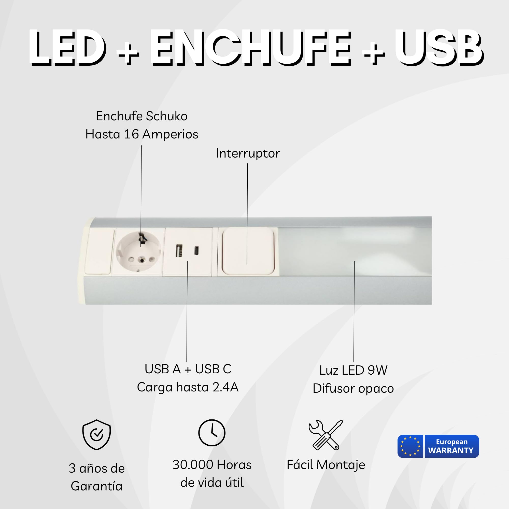 Barra LED Bajo Mueble Cocina con Enchufe Schuko y USB A+C, Regleta LED Bajo Mueble 9W, Barra LED 900lm, Regleta Enchufes para Cocina, Taller, 52 cm, Plata