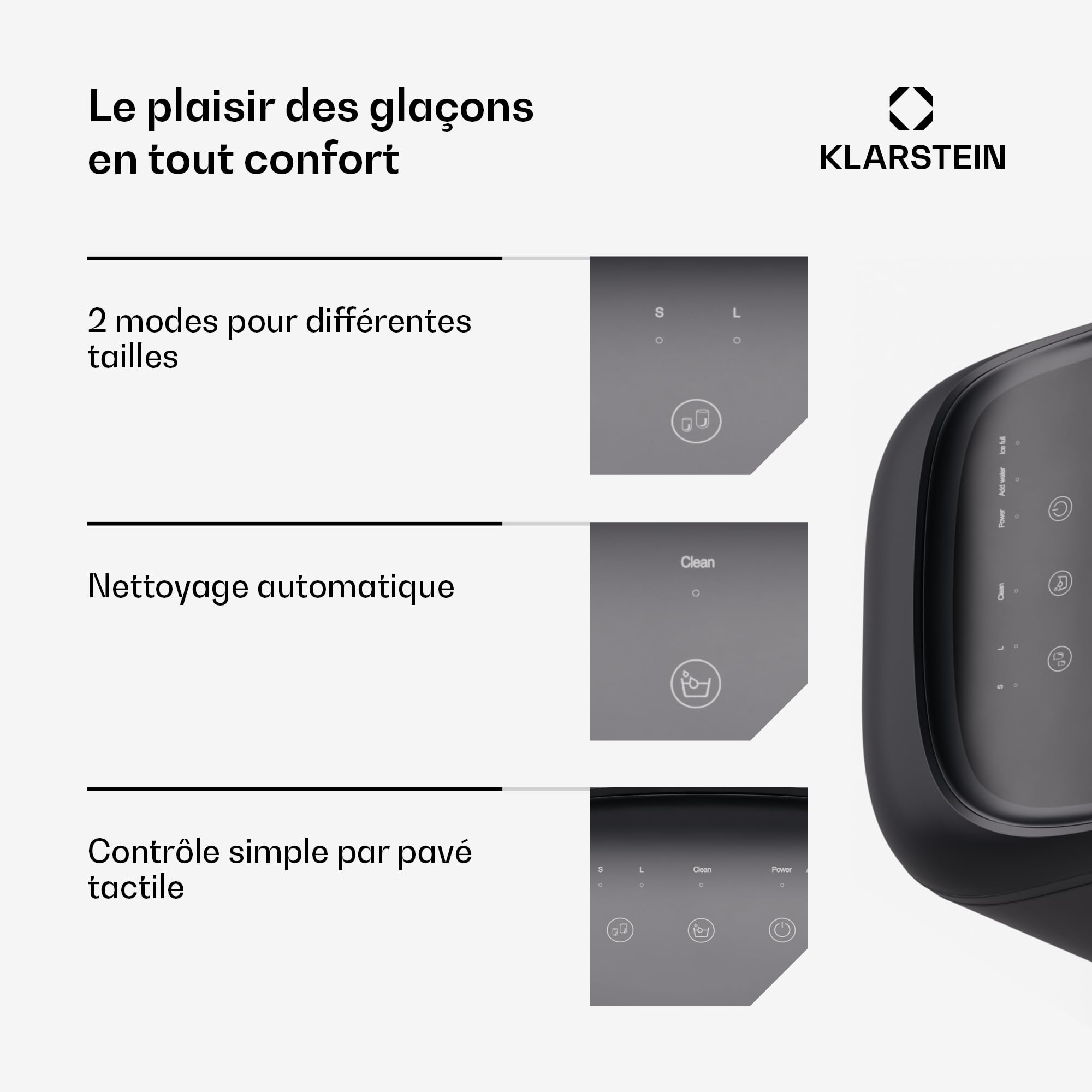 Klarstein SparkIce machine à glaçons - 15 kg/24 h, 6 min, 2 tailles, nettoyage auto, tactile, pelle incluse, à glaçons maison, petite machine, noir
