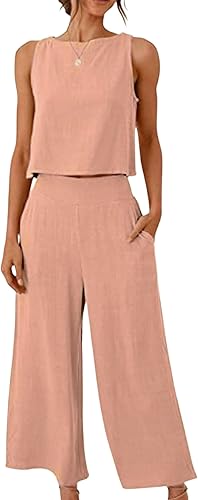 Conjunto de 2 piezas de algodón y lino para mujer, camiseta corta sin mangas, pantalones de pierna ancha, conjuntos casuales de descanso