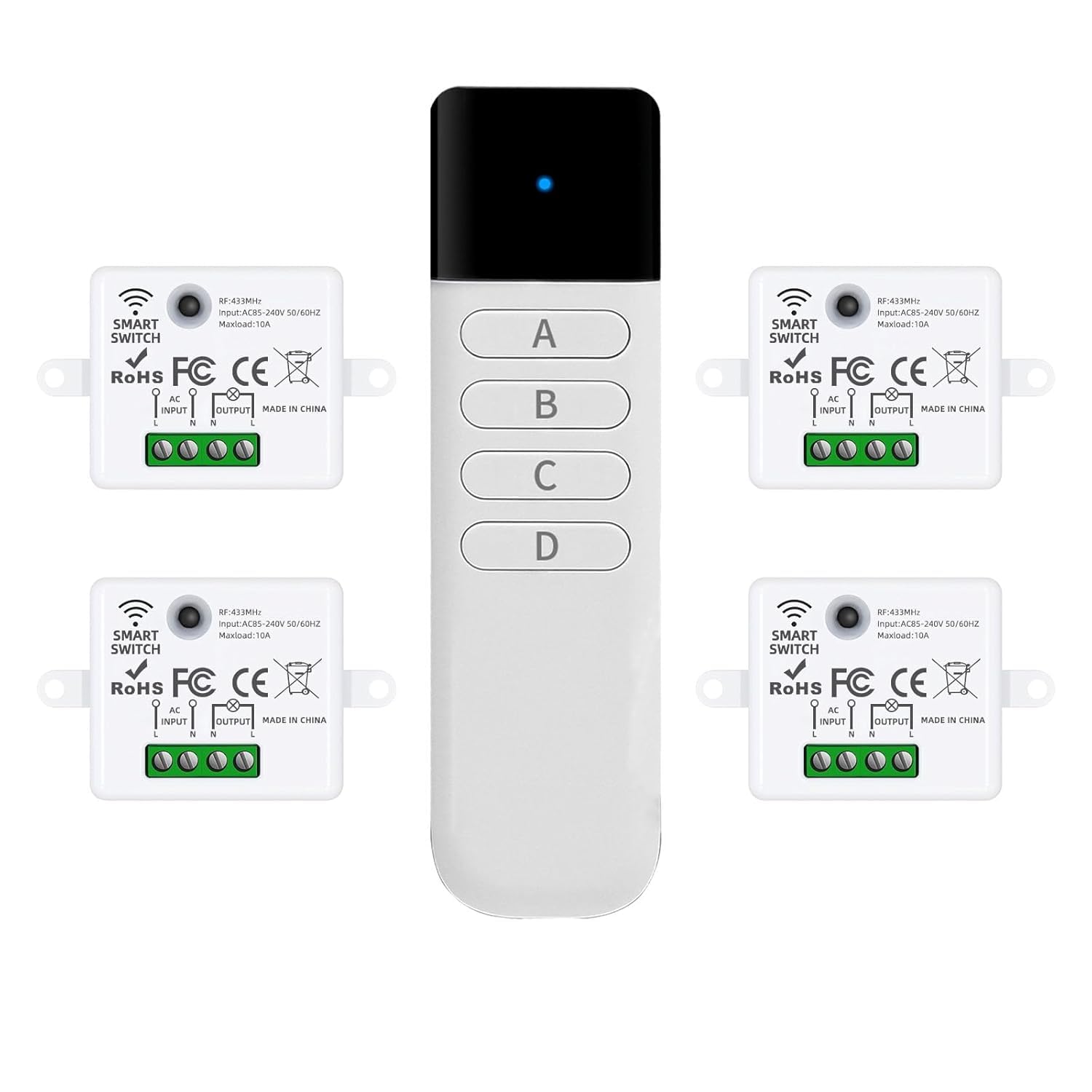 Wireless Remote Light Switch,AC100-250V,300ft RF Range,Expandable Wireless Wall Switch Kit,Romote Control Outdoor House Office Ceiling Light, Fans, Lamps (1v4)