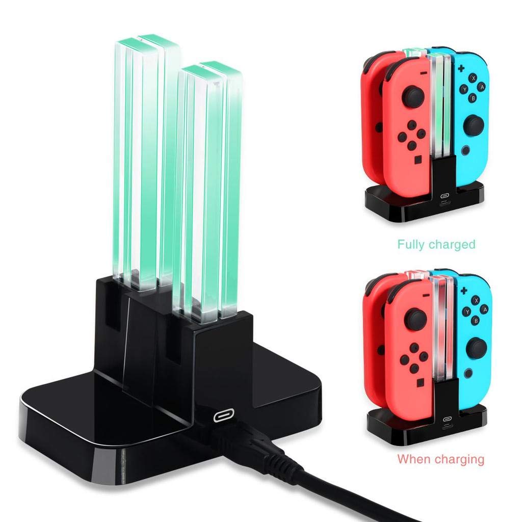 INF Charging Station for Nintendo Switch with LED Indicator, 4-in-1 Joy-Con Charger with USB C Charging Cable, Black