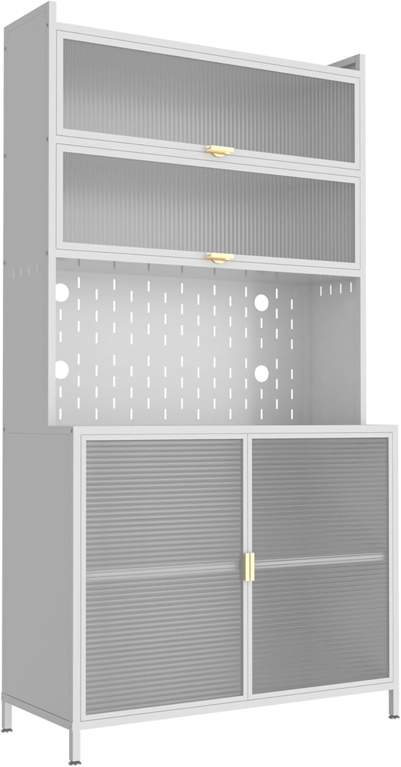 73'' Tall Kitchen Pantry Cabinet, 6 Level Flip Door with Pegboard Metal Pantry Storage Cabinet, Anti-Tip Design Hutch for Kitchen, Dining Room, Living Room (White)