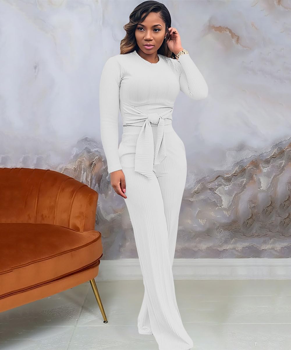 Two Piece Sets For Women Sexy Tie Front Long Sleeve Crop Top Wide Leg Pants Set Casual Tracksuit Ribbed 2 Piece Outfits - Image 5