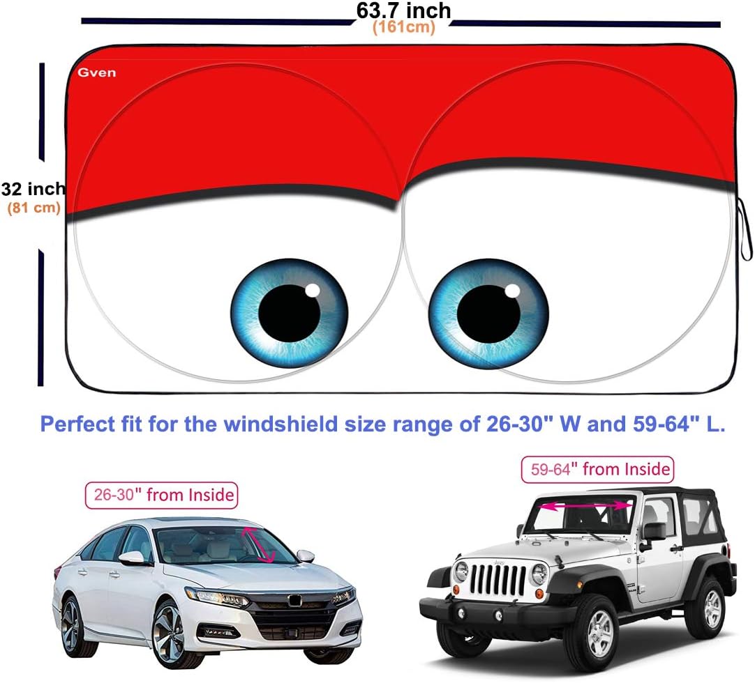 Gven Windshield Shade, Car Sun Shade for Front Windshield Funny Car Eyes Sunshades Sun Visor Protector Blocks UV Rays Foldable 210T Keep Your Vehicle Cool (Eyes-red, L + Sunflower,L)