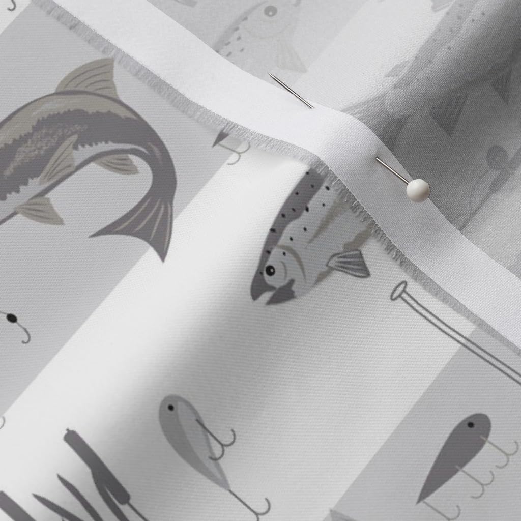 Spoonflower Fabric - Gray Trout Bass Fish Hooks Fishing Lures White Lake River Printed on Organic Cotton Sateen Fabric by The Yard - Sewing Quilting Apparel Home Decor