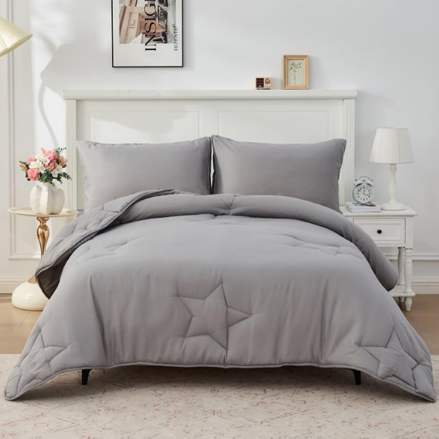 Brillars 10.5 Tog Kids Coverless Quilt Set with Pillowcase, Soft Quilted Reversible Comforter Duvet, Lightweight Breathable Winter Washable Polyester Bedding (Star - Grey, Double Duvet 200x200cm)