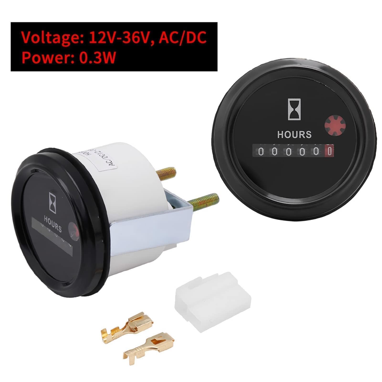 SH-748 Compteur Horaire à Quartz 12-36V DC AC, 2.2 X 2.9pouces Compteur Horaire Rond étanche 12v Set De Bornes De Connexion, Minuterie Quartz Pour Bateau Auto Motoneige Tracteurs Pelouse