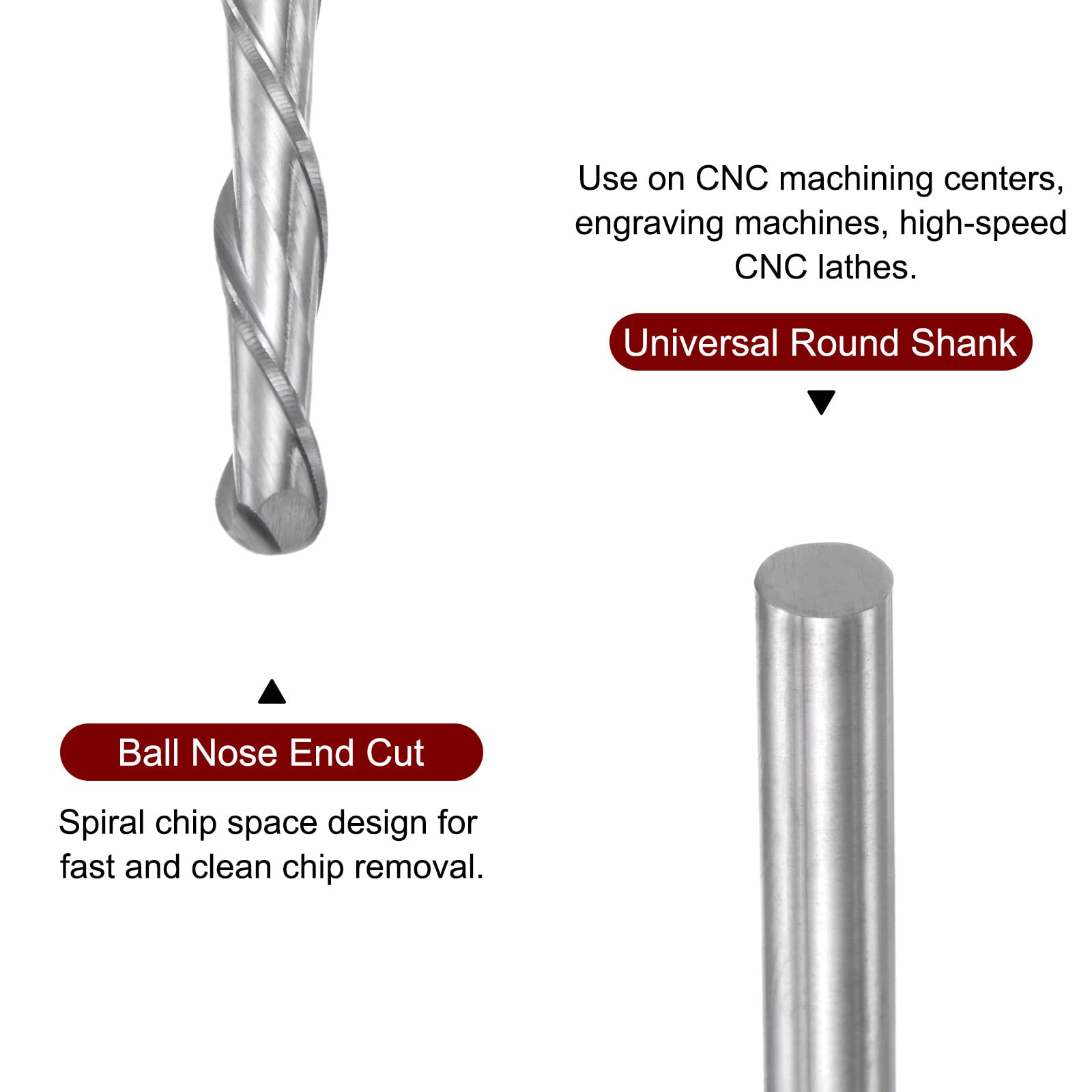 sourcing map Fraise en bout à bec sphérique 6 mm de diamètre 42 mm longueur de coupe 6 mm tige haute vitesse acier 2 cannelures spirale Upcut CNC Router Bits