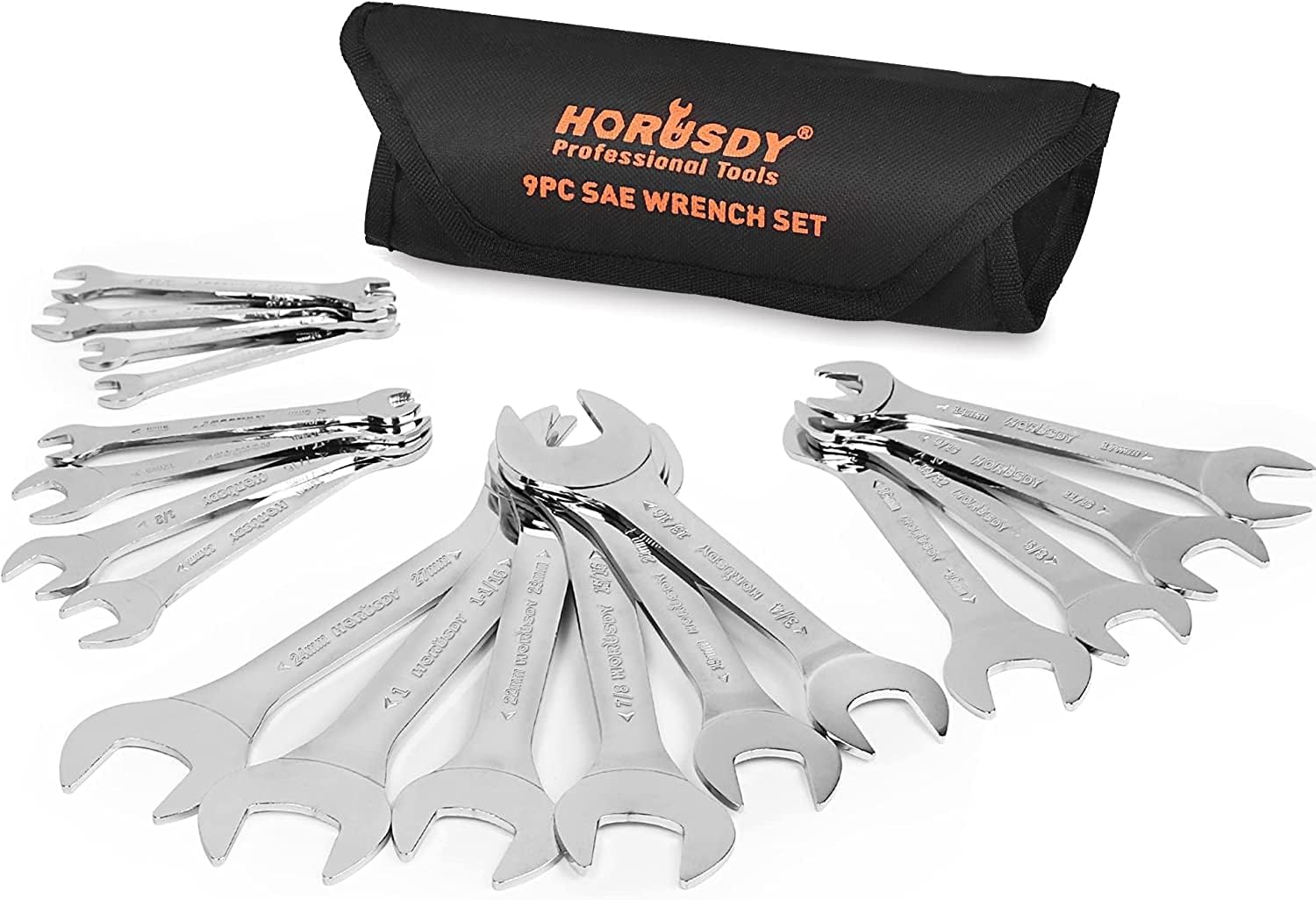 HORUSDY 18Piece SuperThin Open End Wrench Set with Rolling Pouch, CR