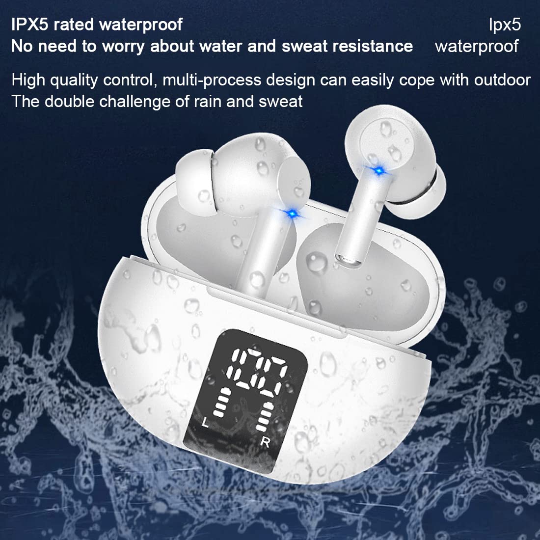 Cuffie in-Ear Wireless Bluetooth 5.3, Auricolari a Doppio Microfono con cancellazione del Rumore, Cuffie Sportive Impermeabili IPX5, Controllo Touch con Impronte digitali White