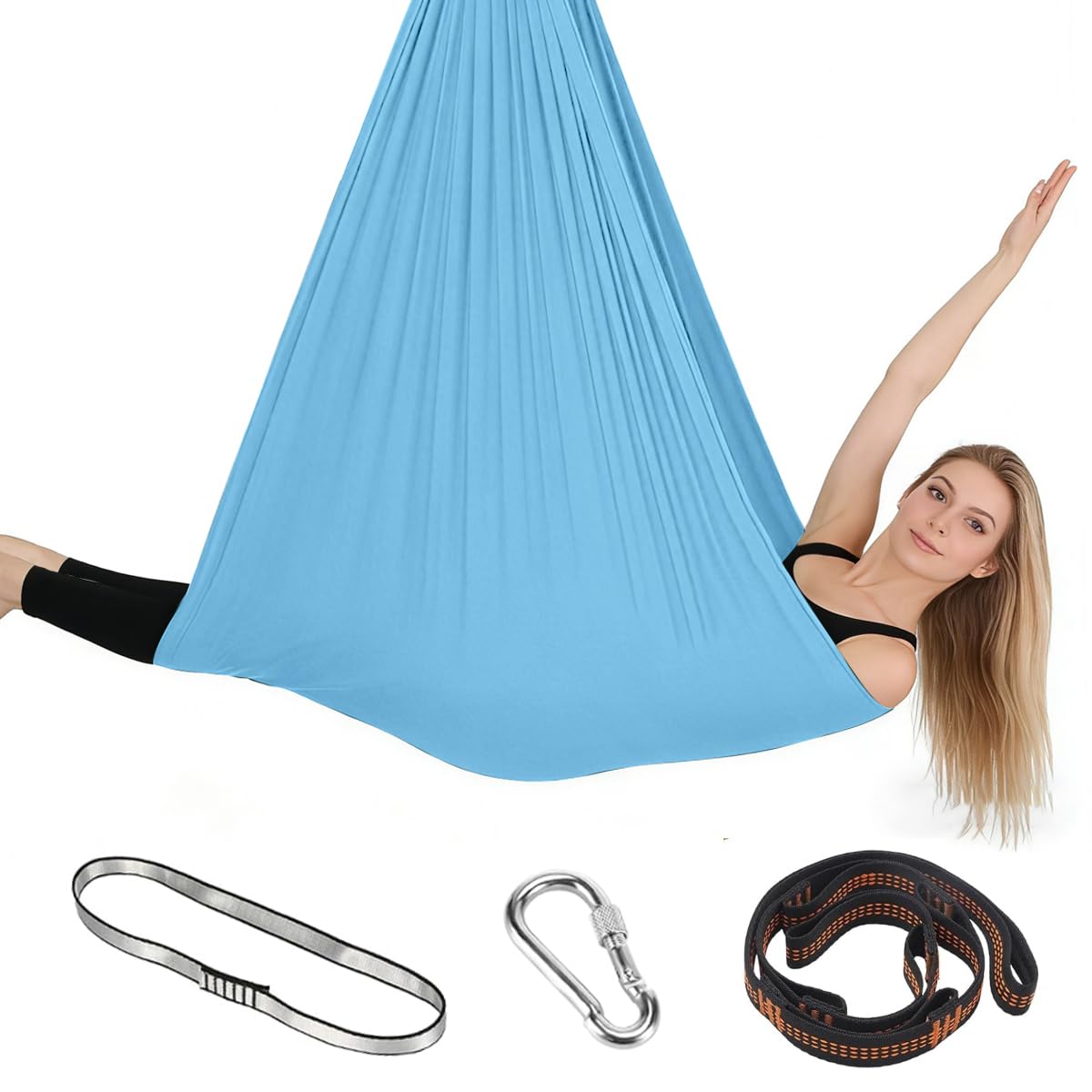 Amaca e Altalena per Yoga Aerea, 150x280 cm Amaca Fitness Portatile, Carico 200 kg, Yoga Amaca Antigravity con Accessori per Yoga, Aerial Yoga Hammock per Bodybuilding Fitness di Tutti, Blu