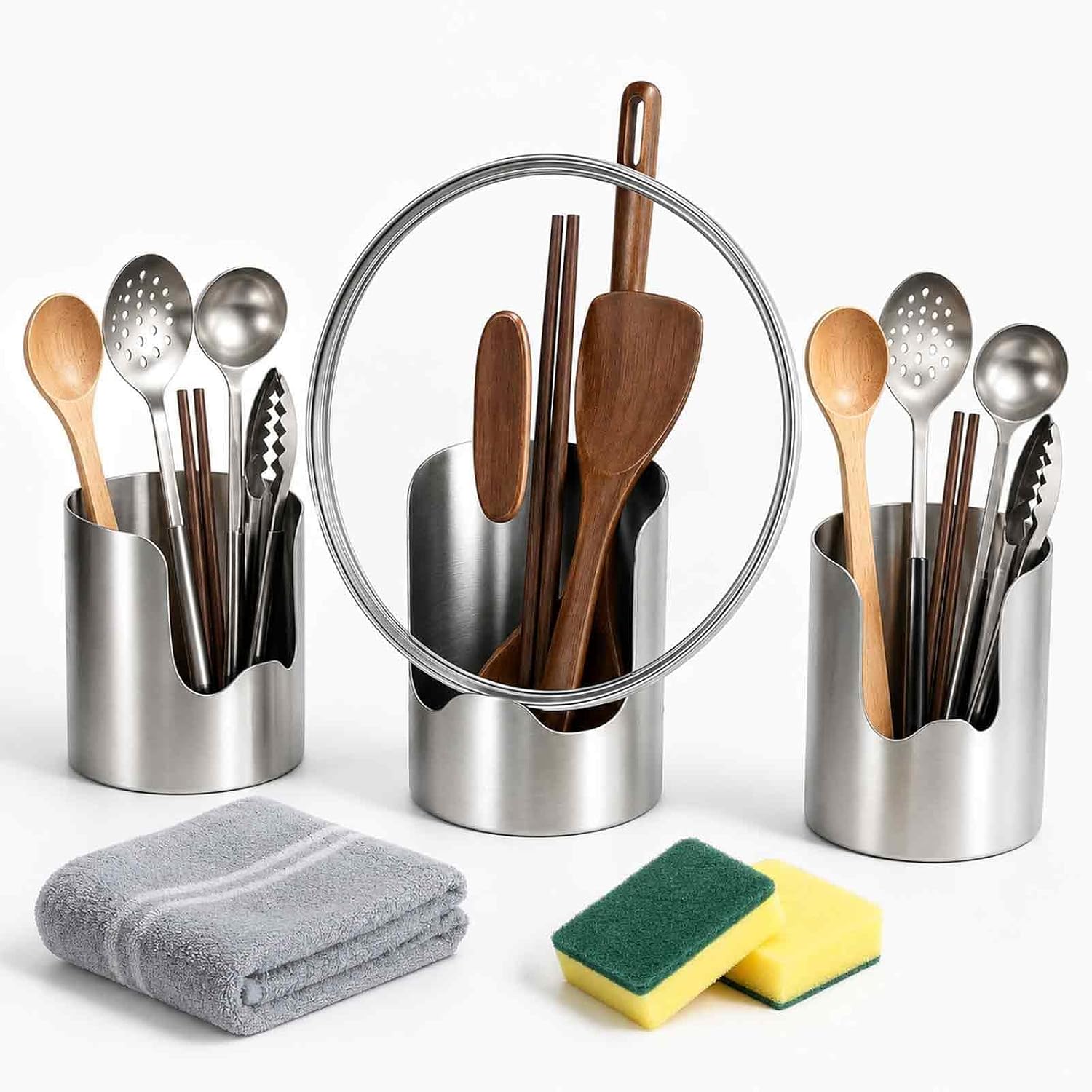 Multi-Functional Kitchen Utensil Holder, Stainless Steel Countertop Organizer for Pot Lids, Spatulas, Spoons and Small Cutting Boards, Space-Saving Kitchen Tool Holder for Daily Cooking (3PCS)