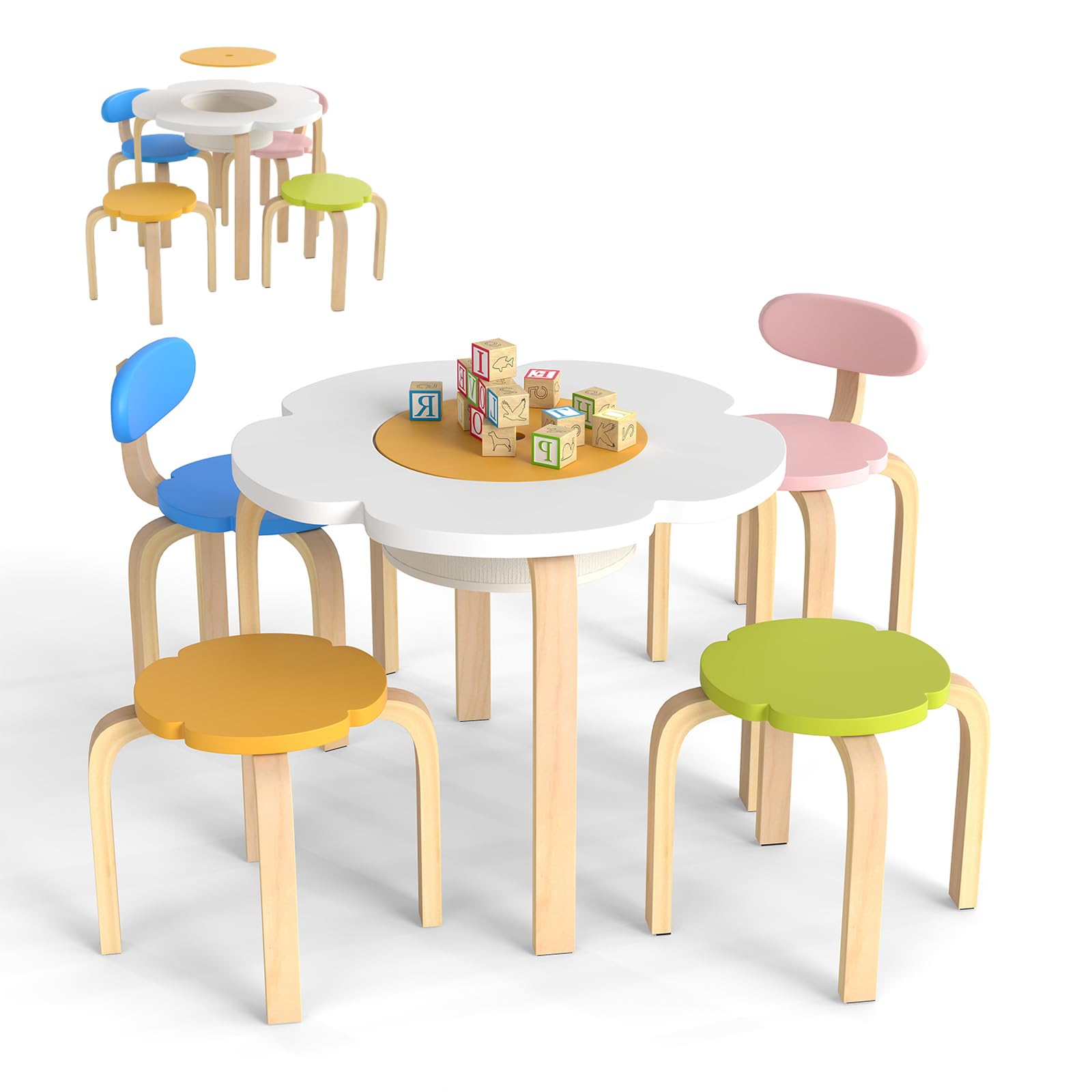 RELAX4LIFE Set Tavolo e Sedie per Bambini 5 Pezzi, Tavolo Attività in Legno a Forma di Fiore con 2 Sedie e 2 Sgabelli