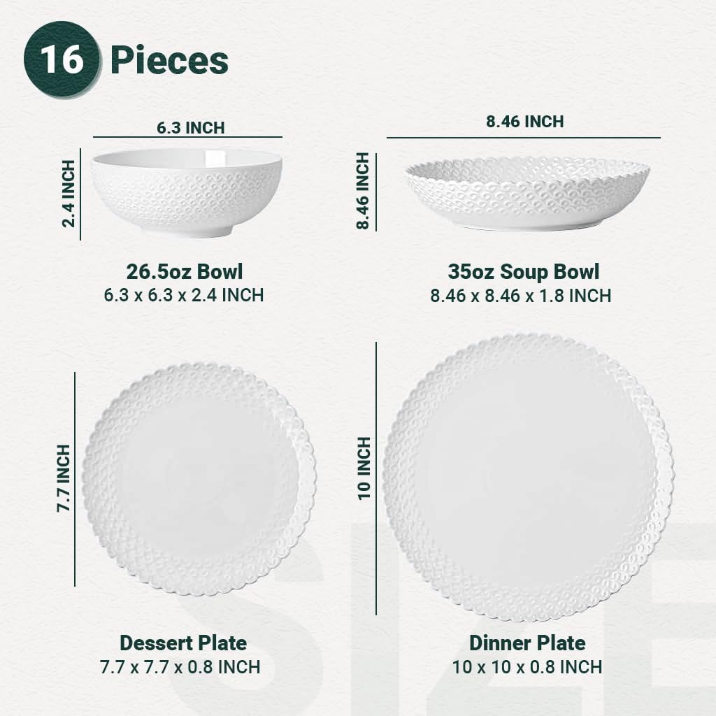 16 Piece Dinnerware Sets with Dishes, Bowls and Plates, Porcelain Dinner Set for 4, White, Glossy, Round, All Occasions