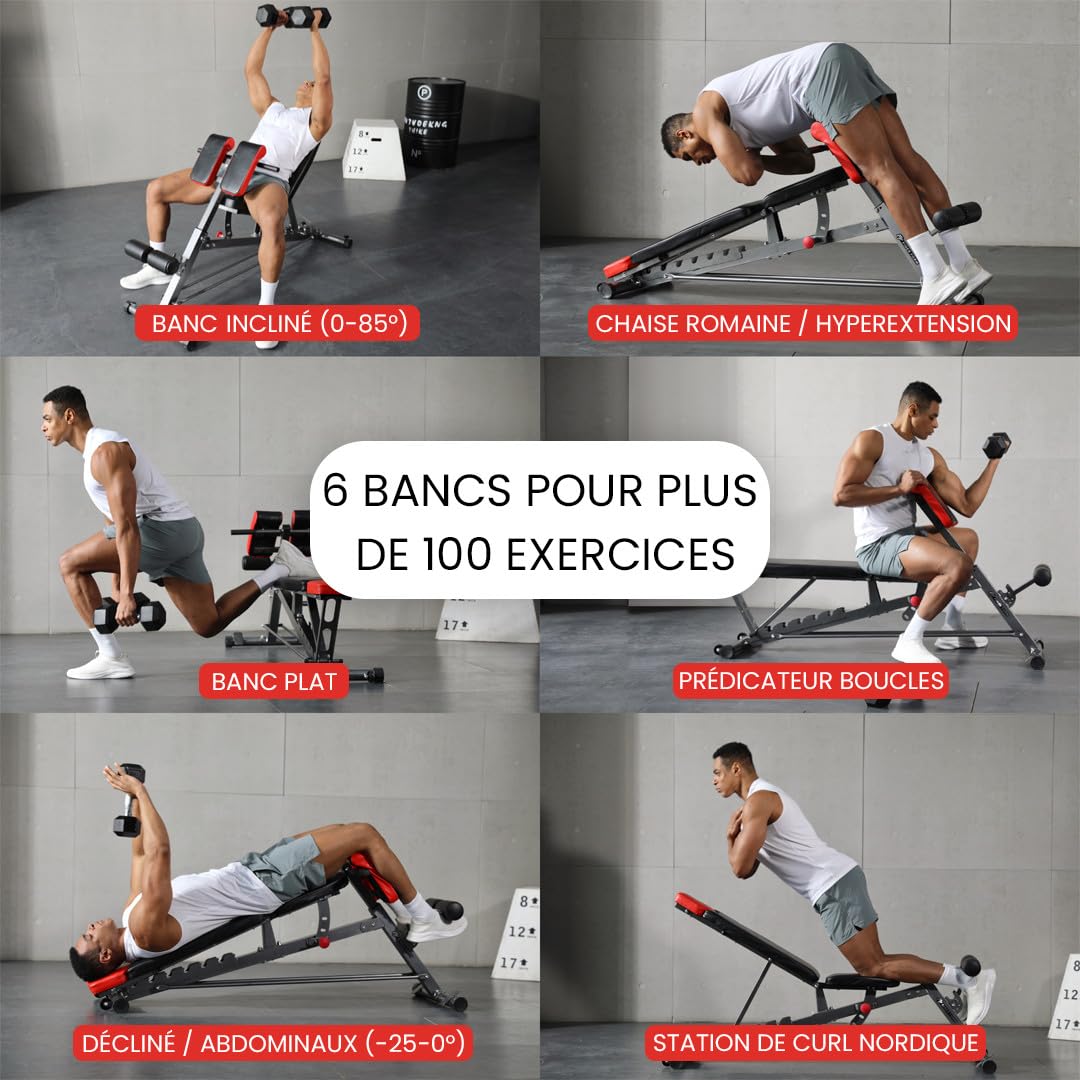 Finer Form Banc multifonction pour entraînement complet - tout-en-un - Extension lombaire, Chaise romaine, Banc de sit-up réglable - Incliné, plat et décliné - avec haltères ou pour développé couché