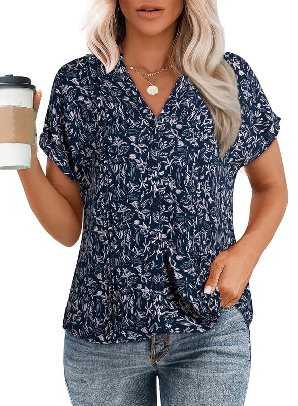 Dokotoo Women's Casual V Neck Floral Print Smocked Short Cap Sleeve Button Down Chiffon Blouses Pleated Top Shirts