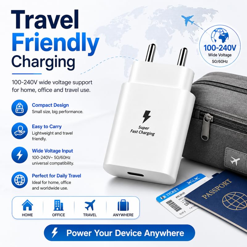 Image of 25W Type C Superfast Charger Adapter Compatible with Samsung Galaxy A|M|F|14 /15 /16 /17 /34 /35 /36 /54 /55 /56 /57 /04 /05 /06 /07 /17e /70e|Tab Series & Other USB-C Devices 25 Watt Fast Charging Block, White