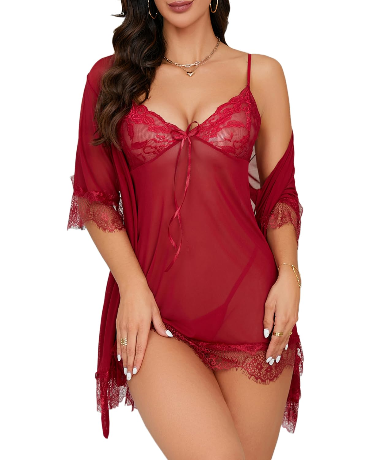 BEINF Lingerie Donna Sexy Babydoll in Pizzo Camicia con Collo a V e Vestaglia A Rete Completo Intimi Camicia da Notte, Set di Perizoma, Calze, 4 Pezzi
