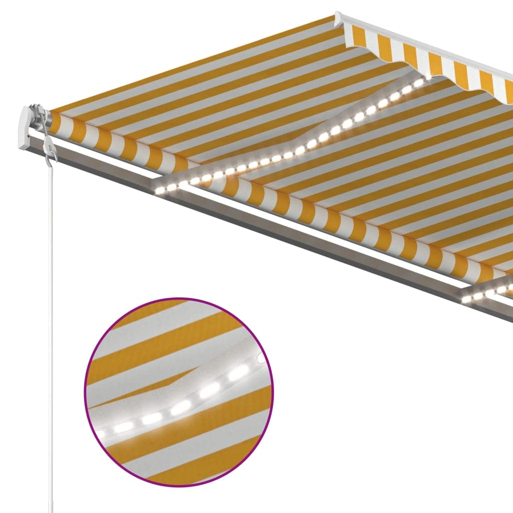 Toldo articulado automático con iluminación LED y sensor de viento, 350 x 250 cm, color amarillo/blanco, resistente a los rayos UV y al agua, para terraza y balcón