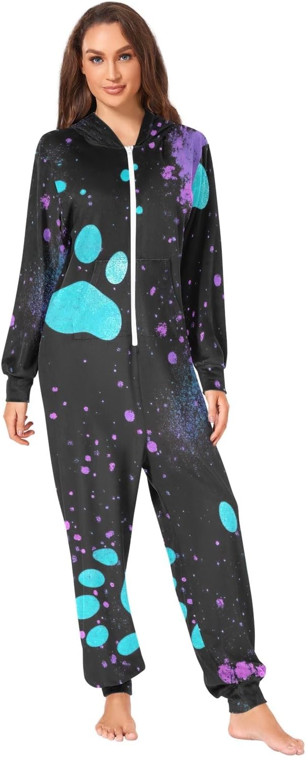 Neon Paws Black Adult Onesie Pajamas, Soft Hooded One Piece Jumpsuit Sleepwear for Men Women Christmas Loungewear