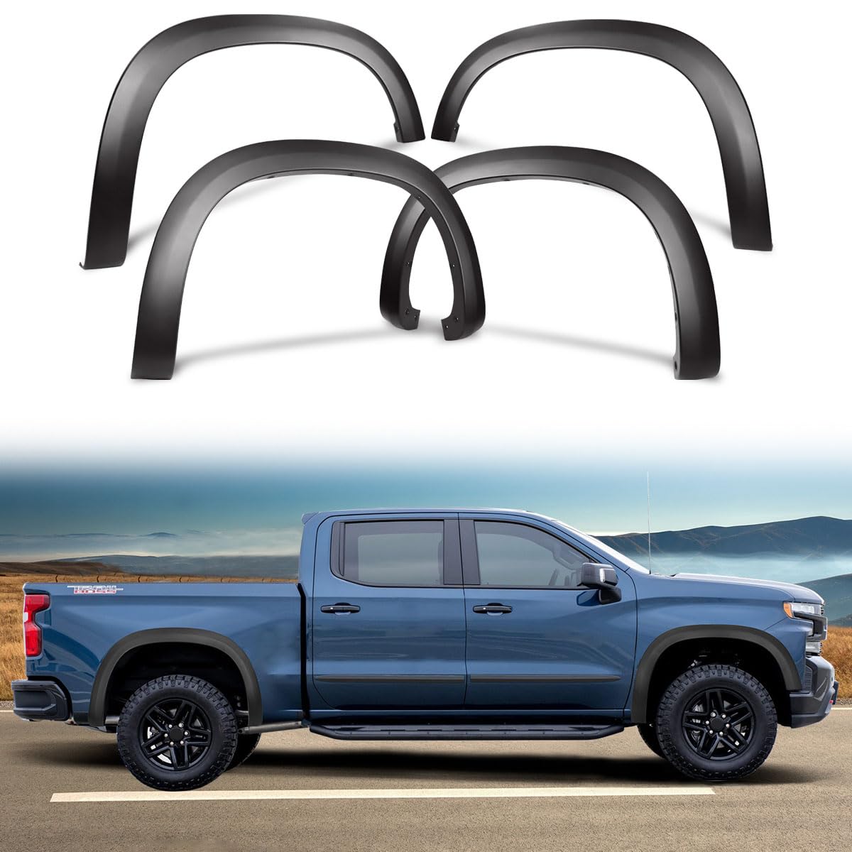 HYPER GLORY Fender Flares, Compatible with 2019-2023 Chevy Silverado 1500, Black PP - Polypropylene Fender Flares Protector, Mud Guards