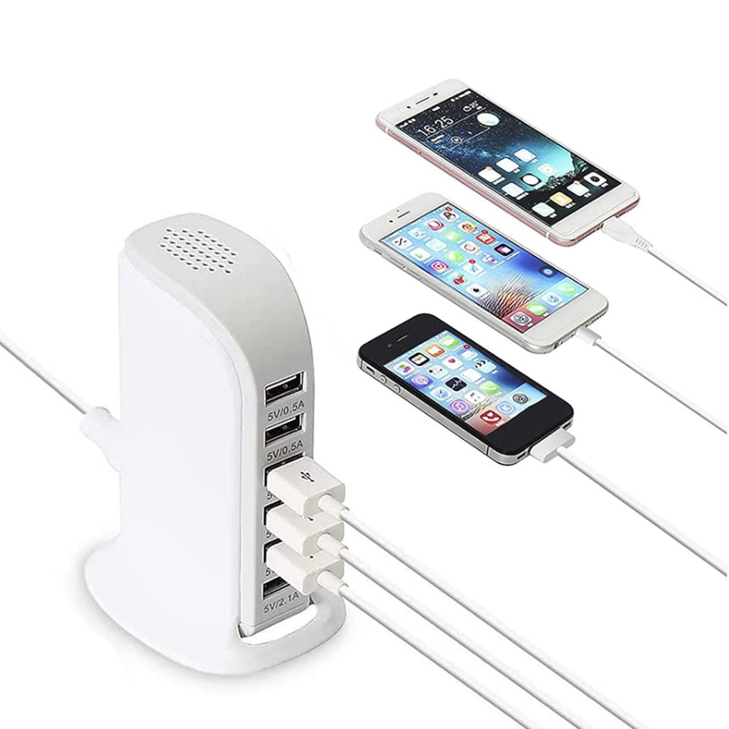 Stazione di ricarica USB, spina per caricabatterie a 6 porte caricatore da parete USB portatile da tavolo da 30W adatto per smartphone, tablet, alimentatori mobili, ecc
