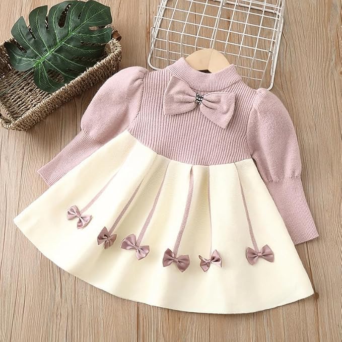 Image of Bold N Elegant Baby Girl's Winter Warm Woolen Full Sleeve Tulle Tutu Dress Frock with Bows for Infant Toddler Teedler Girls