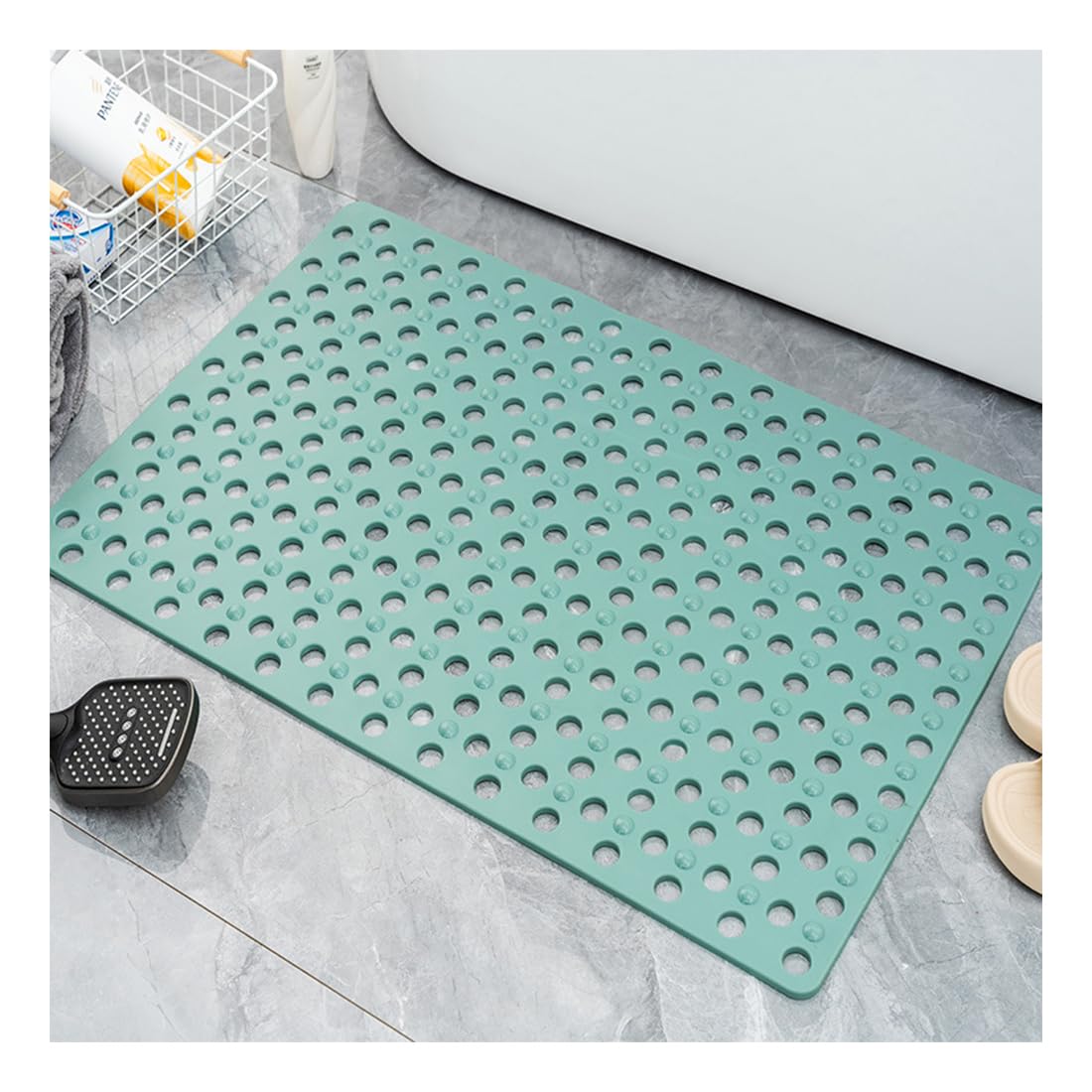 Shower Mats Non Slip Anti Mould, 40x80 cm Rubber Anti Slip Bath Mat with Drain Holes, Machine Washable (Green, 40 * 80 cm)