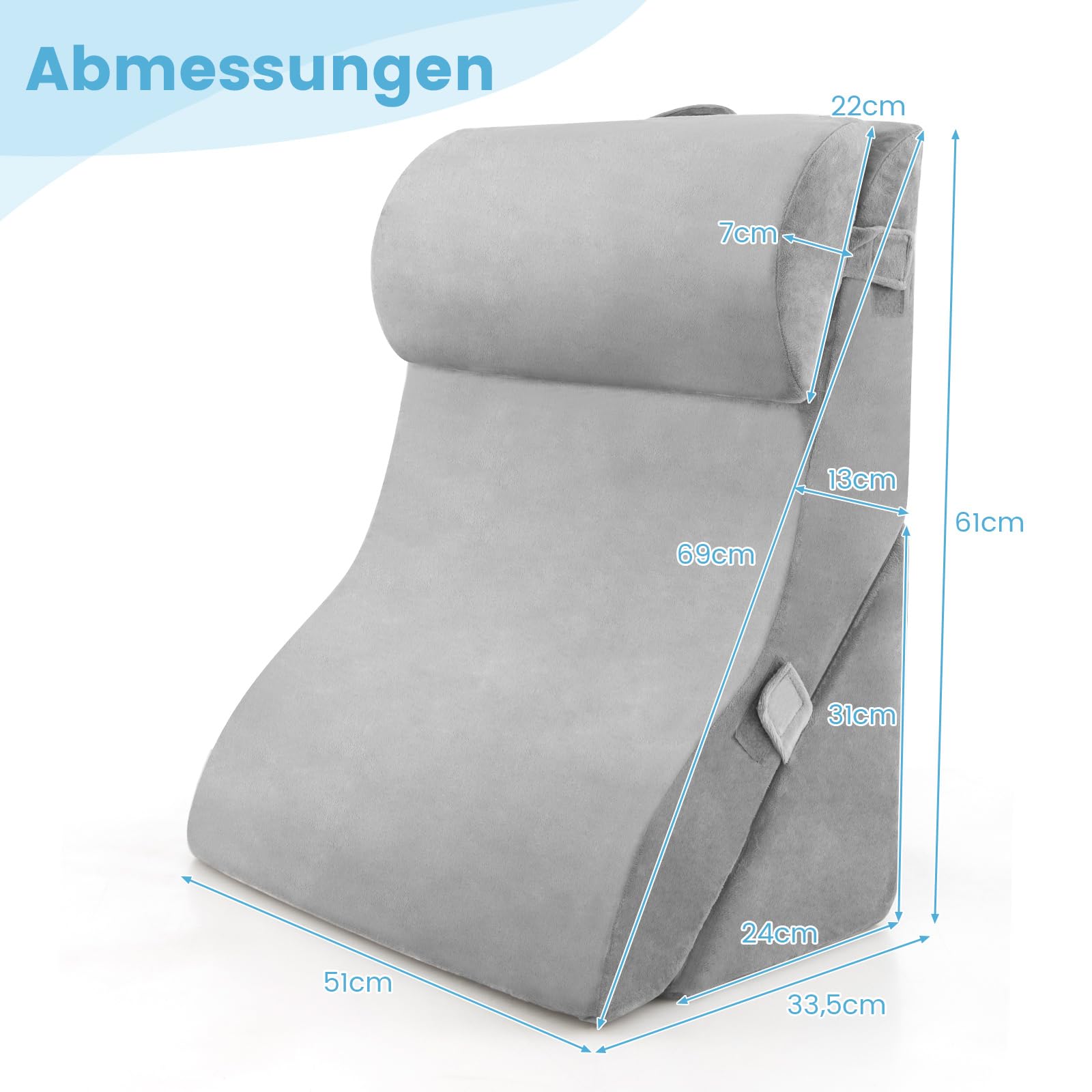 COSTWAY Lesekissen für Bett und Sofa, Venenkissen zum Beine hochlagern, 3-teiliges orthopädisches Keilkissen-Set nach Operationen gegen Schnarchen, Sodbrennen & Rückenschmerzen (Grau)