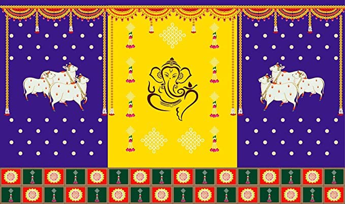 Ashvath Two Cow with Ganesh Ji Backdrop Curtain for Decoration Backdrop ...
