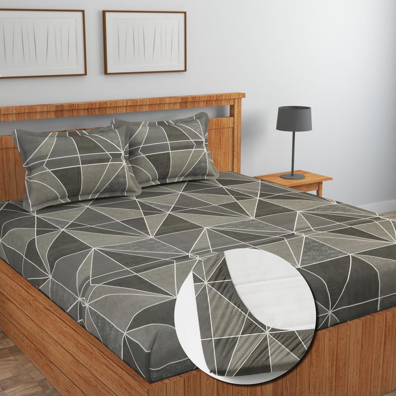 Image of NEW LEAF Glace Cotton Fitted King Size Double Bedsheets with 2 Pillow Covers | Elastic Fitted | Wrinklefree | Ultrasoft |Winter Bedsheet 220 tc tc Floral | 78 x 72+10 Inches, Dark Grey