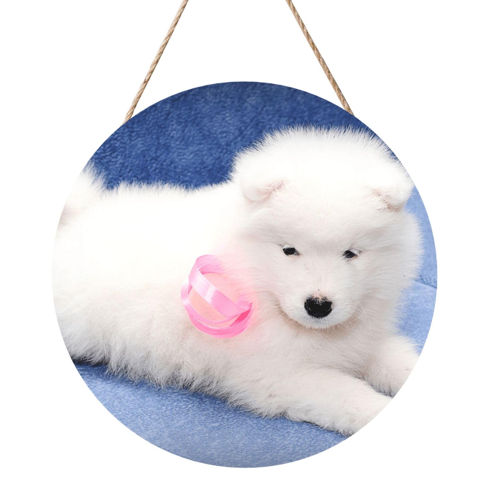 InOmak Samoyed Puppy White Dogs Puppy With Bow Furry, Round Wood Panel Painting 12 in, Wall Hanging Painting For Home