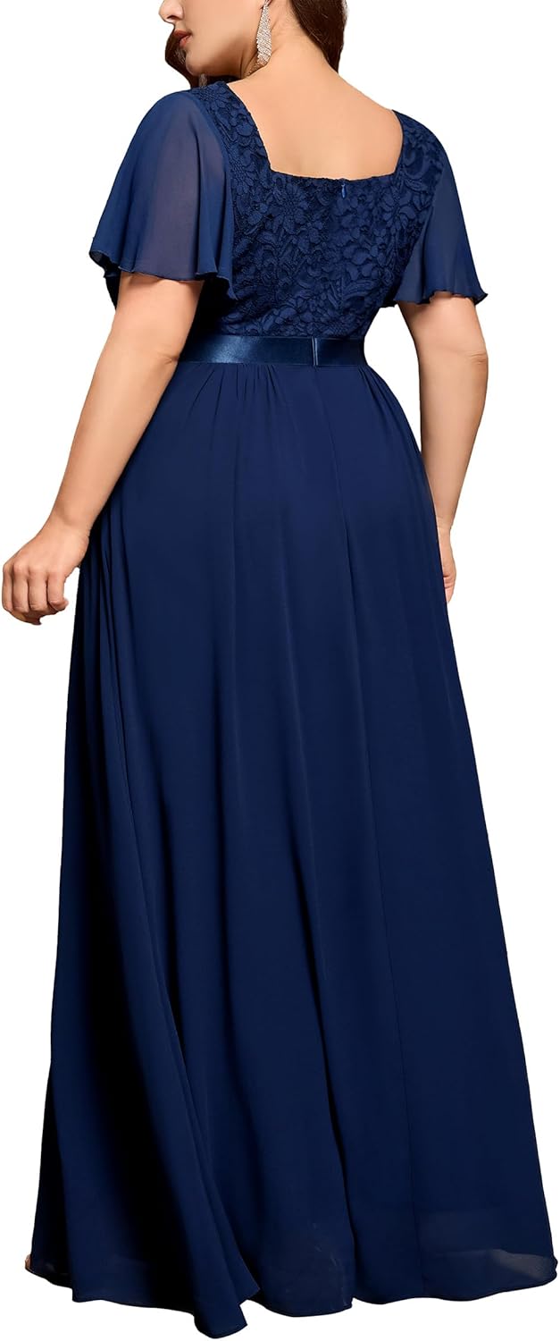 MISSMAY Women's Plus Size Floral Lace Ruffle Sleeves Beads Waist Chiffon Formal Party Maxi Dress - Image 2