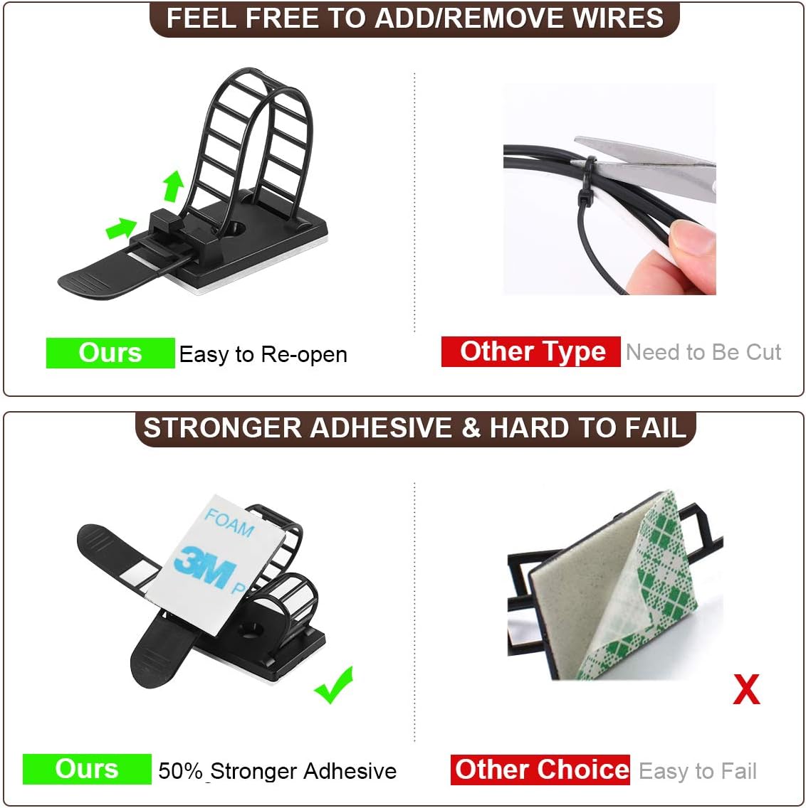 50Pcs Adhesive Cable Management Clips with 50Pcs Zip Ties, Adjustable Nylon Cable Strap Ties Wire Clips Clamps Organizer with Strong Adhesive Tape, Extra Screw & Hole - 3.35 Inch Black - Image 4