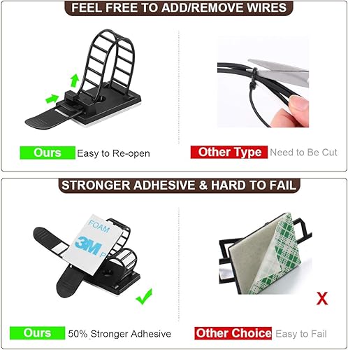 Miniatura 4 de 50 clips adhesivos ajustables para organizar cables, correas de nailon para cables, abrazaderas de alambre organizador con cinta adhesiva fuerte,