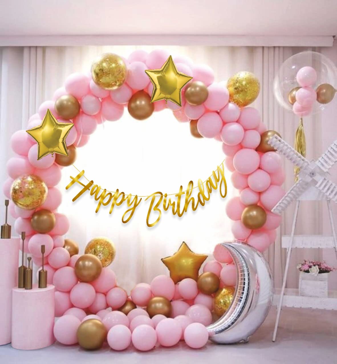 HK Balloons 65 pc Pastel Pink Birthday balloon Decoration Kit Pink Gold