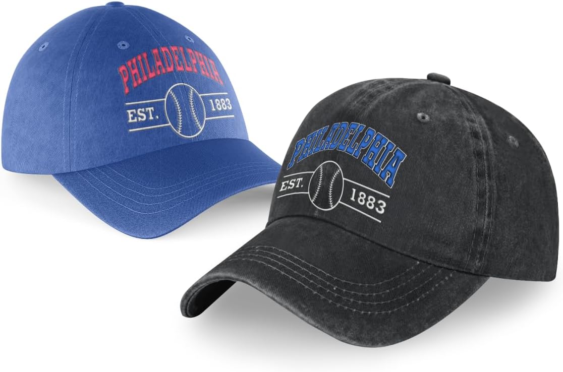 Embroidered City Vintage Classic 2-Pack Washed Denim and Color Snapback Caps for Men Women, Adjustable Fans Baseball Cap