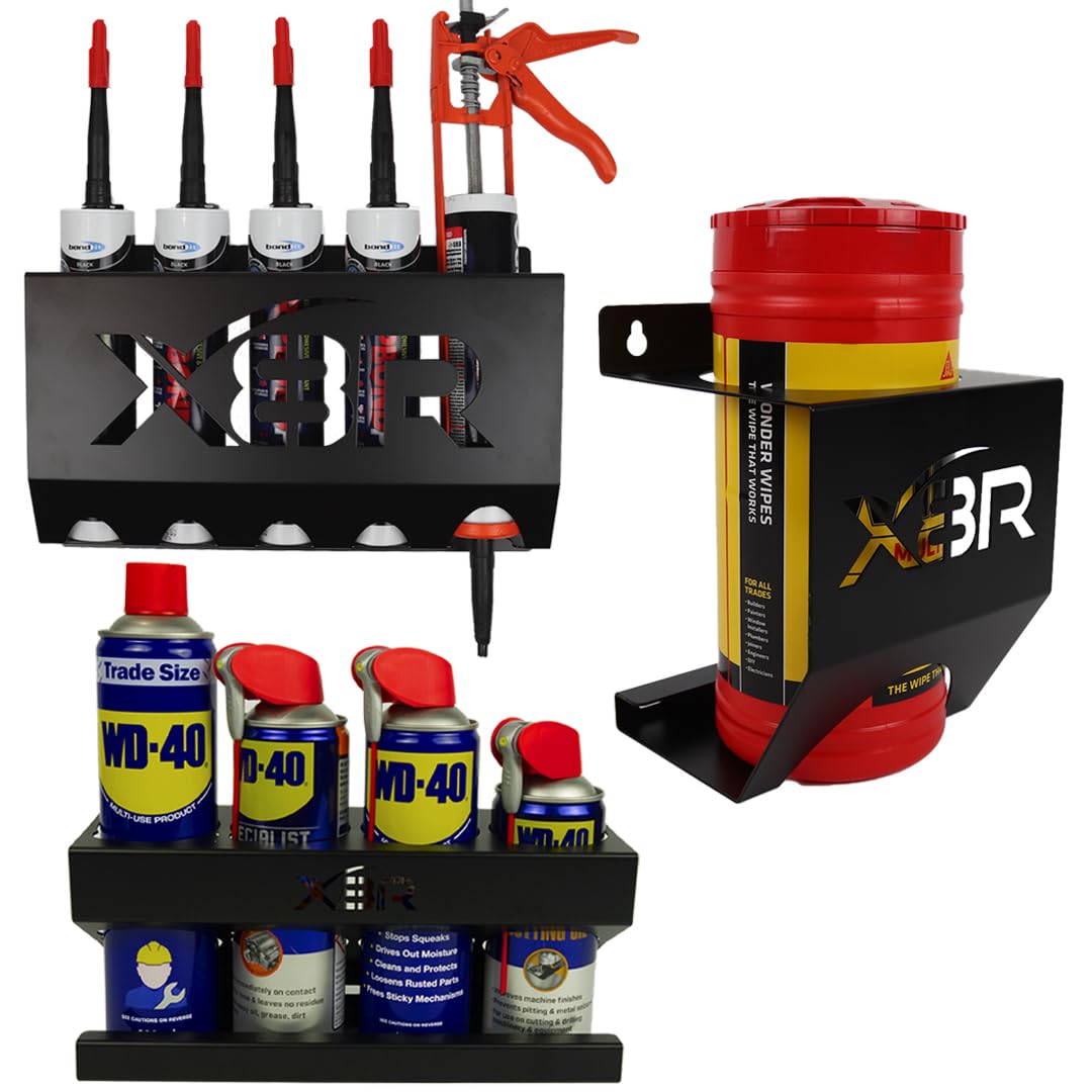 Van Garage Organisation Kit for Caulk and Caulking Gun, WD40 Spray Bottles and Round Cylinder Wipes Wonderwipe Holder Brackets