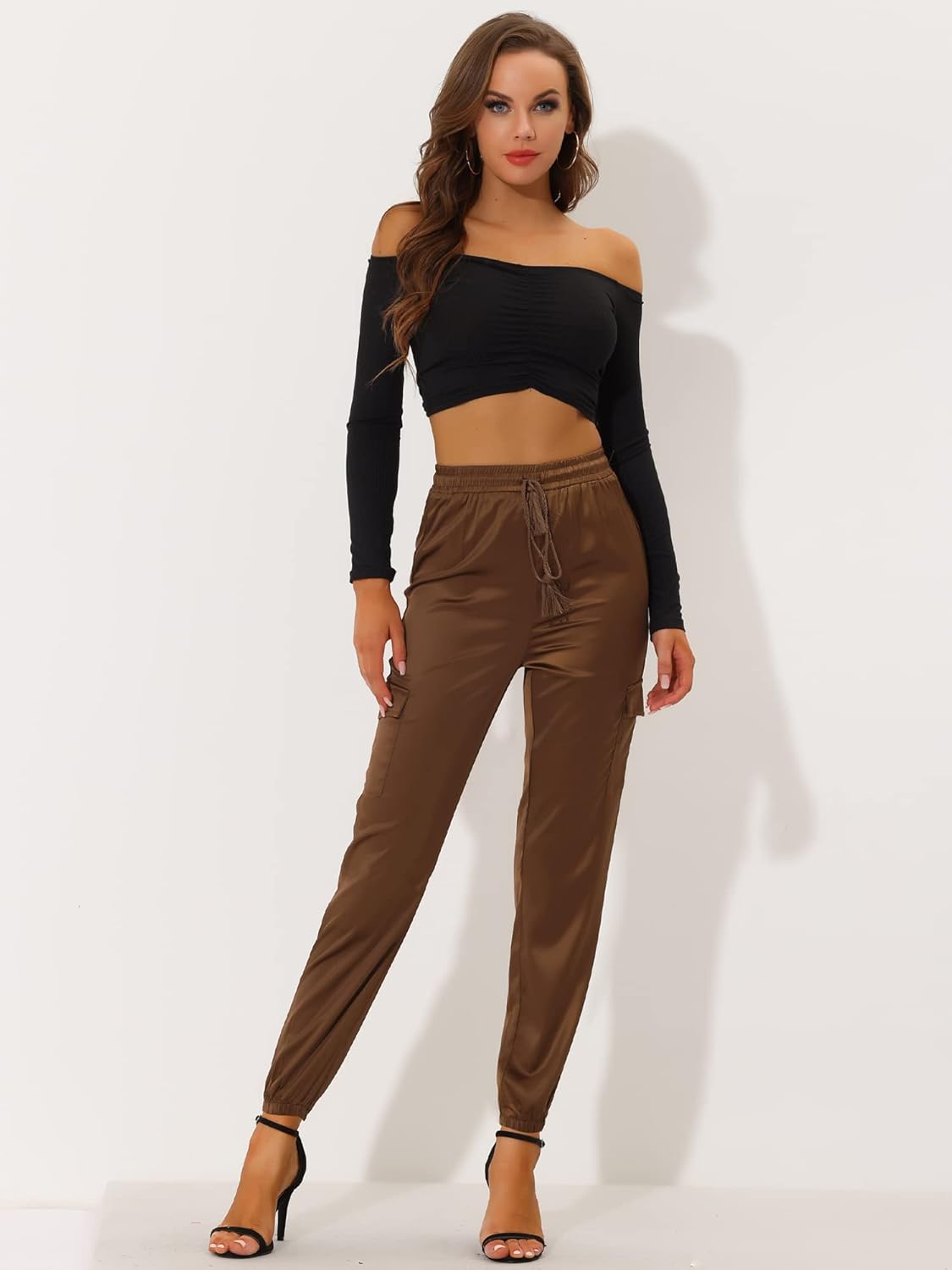 Allegra K Women's Satin Pants Tie Elastic High Waist Shiny Silky Dressy Satin Cargo Joggers - Image 3