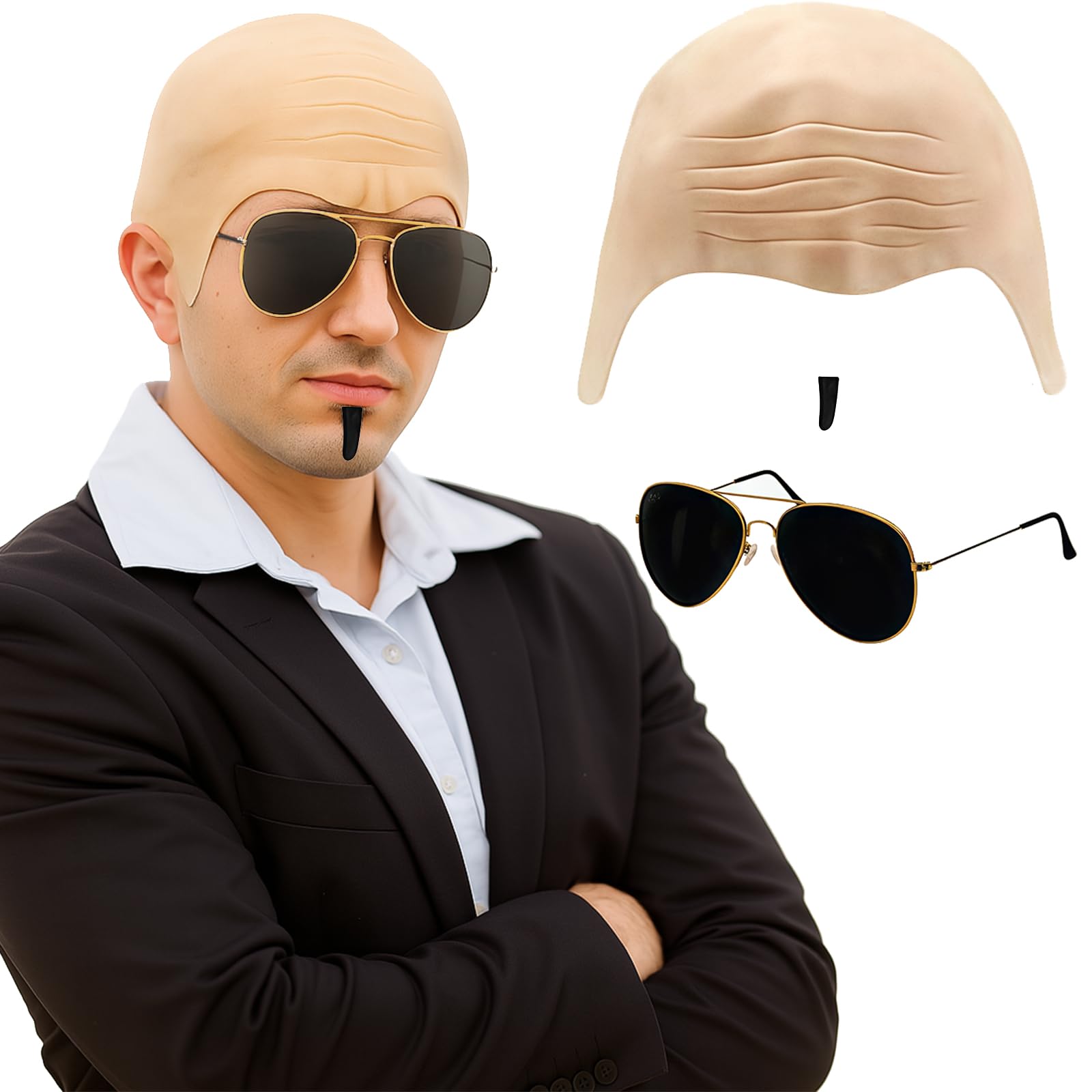 AWAVM 3PCS Adult Mr. Worldwide Accessory Set - Celebrity Set, Bare Bald Hat, Black Sunglasses, Black Patch Beard, Male and Female Music Idols Celebrity Fancy Clothing Accessory Set