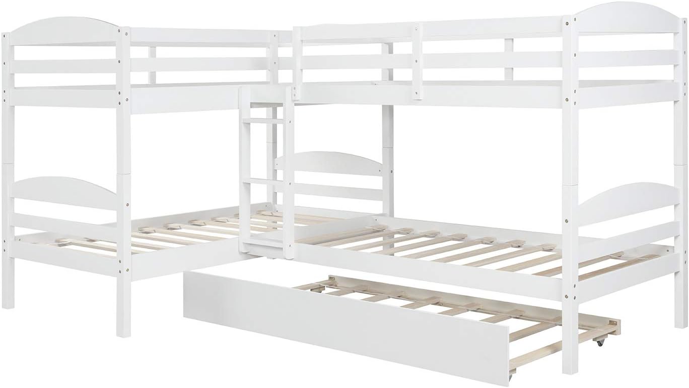 Knocbel Twin Over Twin Bunk Bed with Trundle, Corner Platform Bed Frame with Wooden Slats Support, Safety Guard Rails & Ladder (White)