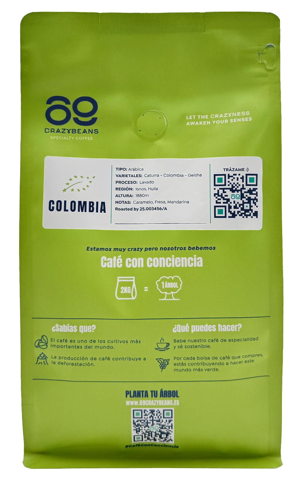 69 CrazyBeans Specialty Coffee Colombia Finca El Ensueño 100% Arábica 85,5 puntos SCA Tueste Natural 500g