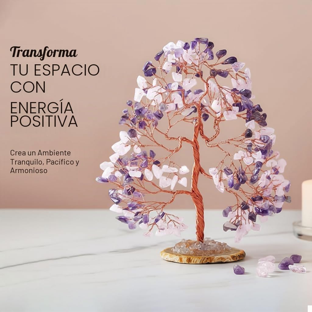 Crocon Árbol de Piedras Preciosas de Cuarzo Rosa y Amatista con Base de ágata geoda, árbol de la Vida de los Chakras Hecho a Mano, Piedra curativa para el Amor incondicional, sabiduría Espiritual