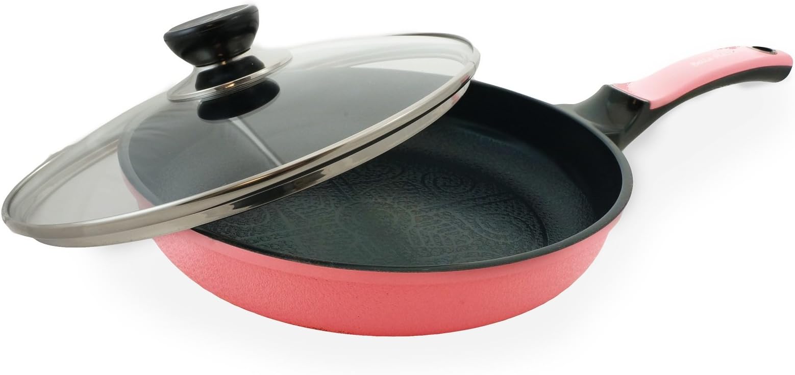 Bella Flame 9.5" Pink Ceramic Coated Nonstick Fry Pan w/Glass Lid by Amorè, Floral Pattern Texture, Beautiful & Elegant Design, Nano Ceramic Coating (100% PTFE & PFOA Free)