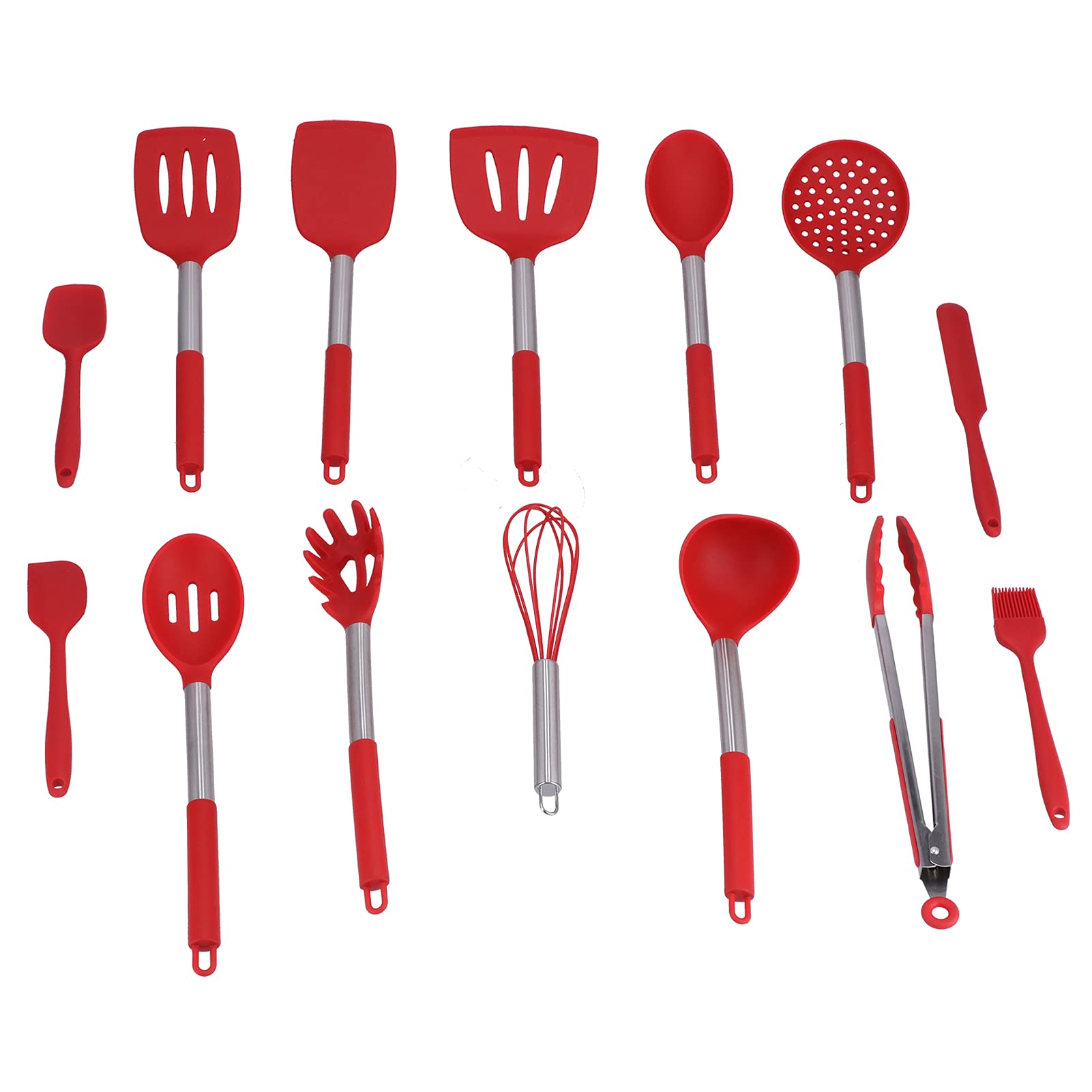 15-teiliges Silikon Küchenutensilien Set mit Edelstahlgriff, Pfannenwender, Schöpflöffel, Kochlöffel, Küchenhelfer für die tägliche Küchenarbeit (all red)