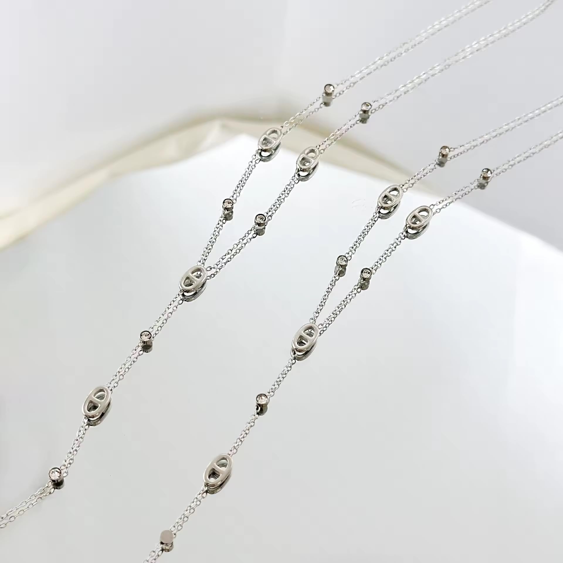 collier sautoir chaine en y - pendentif nez de cochon et strass - maille marine - acier inoxydable- argent ou or - collier personnalisé-collier tendance